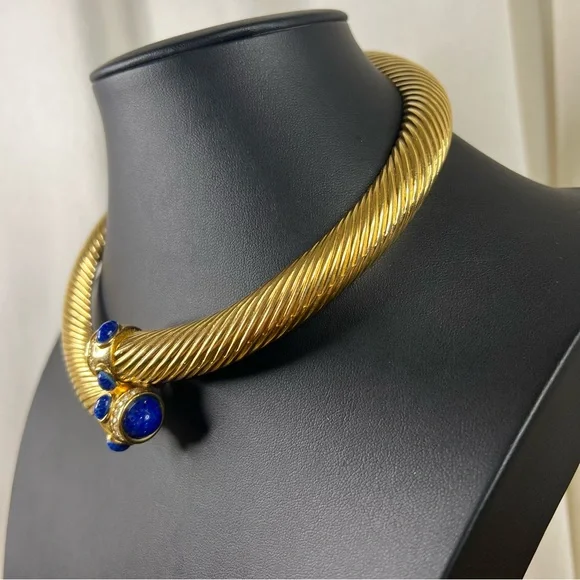 Vintage Givenchy 18k Gold Plated Torque Necklace w/ Glass Stones & Rhinestones - Picture 13 of 16